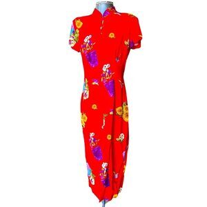 Vintage 70s red sunflower Mandarin MAXI dress slit in front tie back. SZ-MED